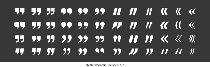 Set of quote marks. White quotes icons on black background. Vector quotemarks collection, speech mark, inverted commas or citation signs