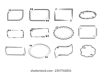 Set quote text box, frames border in hand drawn doodle style isolated. Bubble, review template.
