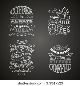 Set of quote typographical background about coffee made in hand drawn vector style. Trendy creative template for poster, banner,business card