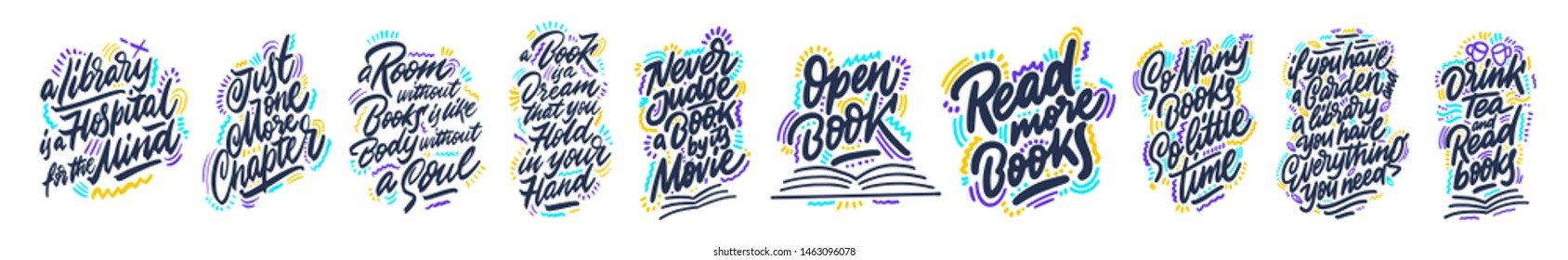 Set of quotes about book. Vector text for design greeting cards, photo overlays, prints, posters. Hand drawn letter