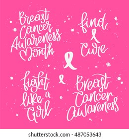 Set of quotes about Breast Cancer Awareness Month. The trend calligraphy. Vector illustration on a pink background. Elements for design.
