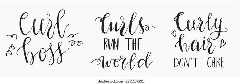 Set of quotes about curls and curly hair. Hand lettering, vector illustration