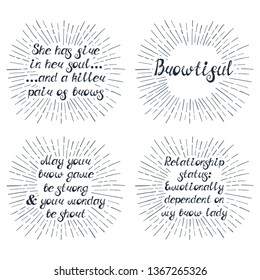 Set with quotes about eyebrows. Can be used for beauty and makeup box, for brow salon or bar, t-shirt, tattoo or blog.