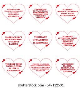 Set of quotes about love and marriage over white background. Simple heart shape design. Vector illustration