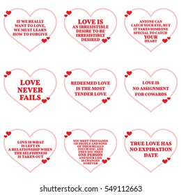 Set of quotes about love over white background. Simple heart shape design. Vector illustration
