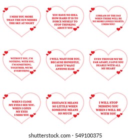 Set of quotes about missing love over white background. Simple heart shape design. Vector illustration