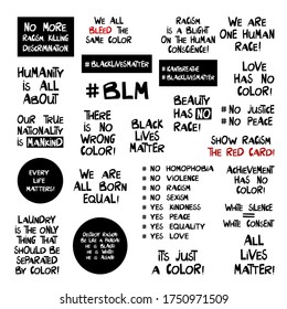 Set of quotes about racism problem. Lettering in modern scandinavian style. Isolated on white background. Vector stock illustration.