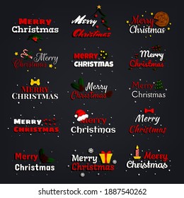 Set of quotes for banner and postcard isolated on black background with New Year attributes. Typography, lettering, badges, emblems, quotes, postcard banner set. Vector illustration