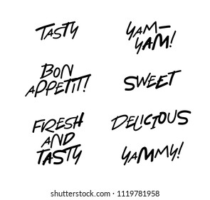 Set of quotes. Bon appetit, sweet, fresh and tasty, delicious, yum-yum, yammy. Lettering. Vector illustration on white background. Hand-drawn graphics.