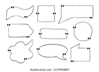 Set of quotes box vector in doodle style. Templates speech bubbles with space for text in sketch style. Line, hand drawn quote blocks for comments, dialog, massege, memo.