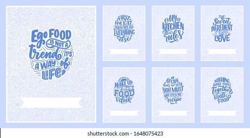 Set with quotes in hand drawn unique typography style, elements for greeting cards, decoration, prints and posters. Handwritten lettering about food and cooking. Vector illustration