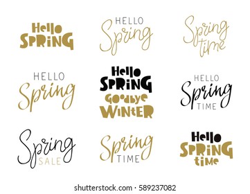 Set of quotes - Hello Spring. Calligraphy and lettering. Vector illustration on white background. Elements for design.