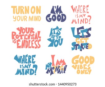 Set of quotes isolated. Motivational hand drawn lettering collection. Inspirational poster stylized phrases. Vector color text collection.