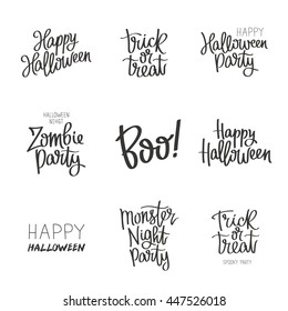 Set quotes on Halloween. Trick or treat. Spooky party. Zombie and monster. The trend calligraphy. Vector illustration on white background. Elements for design. All Saints' Day.