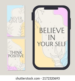 set of quotes for social network stories. leaf hand drawn template design for instagram content