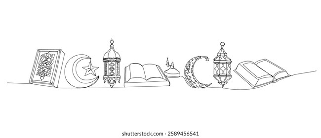 Set of Quran, the holy book of Muslims Koran and candle for reading one line art. Continuous line drawing of online Muslims, Islam, traditions, clothing, folk, oriental.