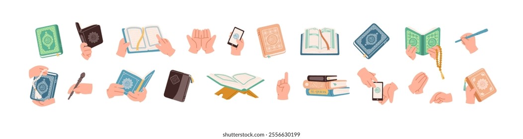 Set of Quran and Muslim hands gesture in colored flat cartoon design. The holy book of the Koran collection. Islamic religion symbol design element. Hand drawn vector illustration isolated on white.