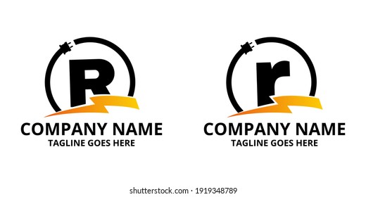 Set R Flash initial letter Logo Icon Template. Illustration vector graphic. Design concept Electrical Bolt and electric plugs With letter symbol. Perfect for corporate, more technology brand identity
