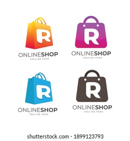 set of R letter gradation logo design templates and shopping bags, logo designs for online shop