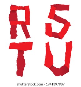 Conjunto de letras R, S, T, U hechas de papel roto. Elementos de diseño de vectores para afiches, logos, publicidad, plantillas, banners, iconos, notas, scrapbook. Fondo blanco aislado. Color rojo de moda. 