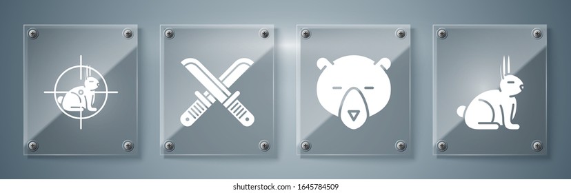 Kaninchen, Bärenkopf, Jägermesser und Jagd auf Kaninchen mit Crosshairs. Viereckige Glasplatten. Vektorillustration