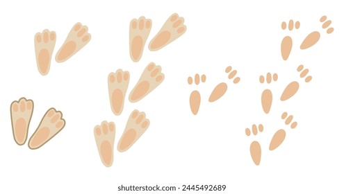 Set of rabbit or bunny footprint trail. Easter bunnies foot prints. Cute hare paw steps. Hare steps track. Vector illustration collection isolated on white background in kids flat style.	