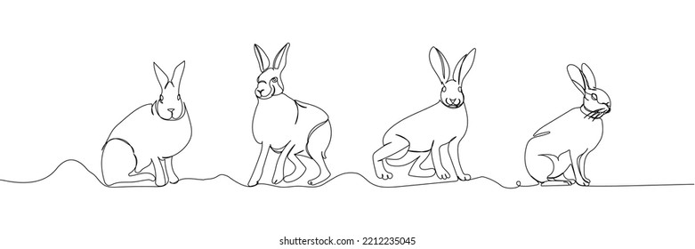 Set Of Rabbit, Bunny, Hare One Line Art. Continuous Line Drawing Of Pet, Mammal, Breed, Zodiac, China, Oriental, Domestic, Easter, Bunny, Animal, Year New, 2023, Hare.