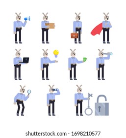 Set of rabbit characters in blue shirt showing various actions. Cheerful hare holding loudspeaker, parcel box, laptop, magnifier and showing other actions. Flat design vector illustration