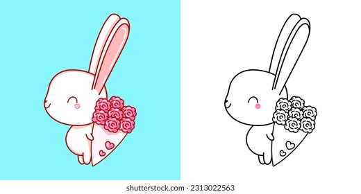 Set Rabbit Coloring Page and Colored Illustration. Clip Art Kawaii Bunny. Vector Illustration of a Kawaii Animal for Coloring Pages, Prints for Clothes, Stickers, Baby Shower.
