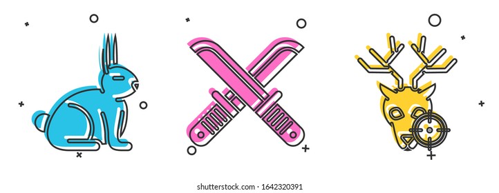Set Rabbit, Crossed hunter knife and Hunt on deer with crosshairs icon. Vector