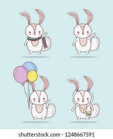 set rabbit cute animal with balloons and scarf