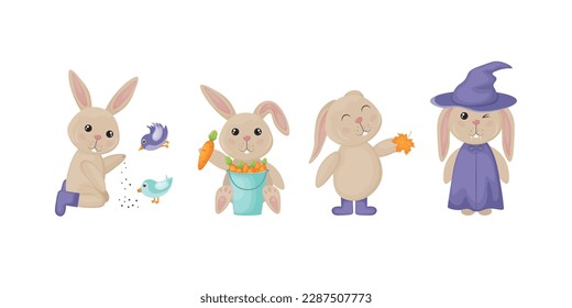 A set for a rabbit. Cute children s illustration depicting various actions of a rabbit. The hare feeds the birds, sits with a bucket of carrots, holds an autumn leaf, stands in a Halloween costume