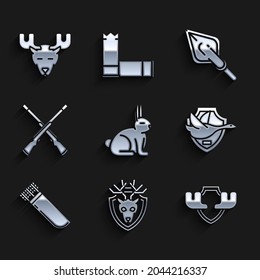 Set Rabbit, Deer head with antlers on shield, Moose horns, Flying duck, Quiver arrows, Two crossed shotguns, Hipster tip and  icon. Vector