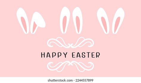 Set of rabbit ears cartoons and hand written fonts on pink background vector illustration. Happy Easter day.