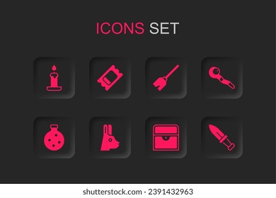 Set Rabbit with ears, Circus ticket, Burning candle, Antique treasure chest, Magic staff, Dagger, Witches broom and Bottle potion icon. Vector