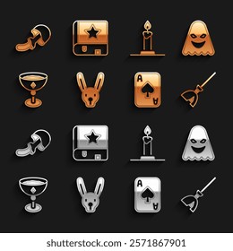 Set Rabbit with ears, Ghost, Witches broom, Playing cards, Medieval goblet, Burning candle candlestick, Psilocybin mushroom and Ancient magic book icon. Vector