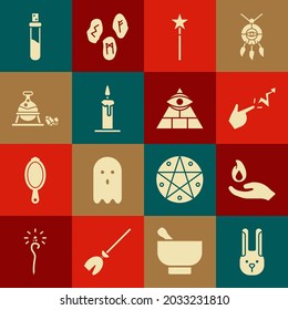 Set Rabbit with ears, Hand holding fire, Spell, Magic wand, Burning candle candlestick, Witch cauldron magic stone, Bottle love potion and Masons icon. Vector