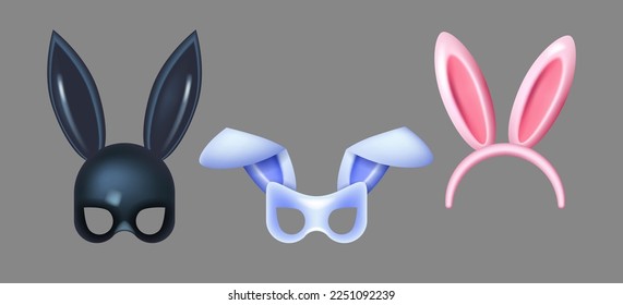 Set of rabbit ears headbands and black mask with bunny ears. Carnival realistic masks