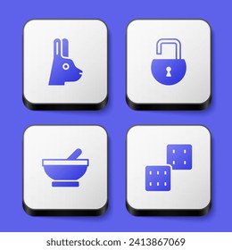 Set Rabbit with ears, Open padlock, Witch cauldron and Game dice icon. White square button. Vector