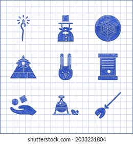 Kaninchen mit Ohren, Hexenkessel und Zauberstein, Hexen Besen, Dekret, Papier, Pergament, Scroll, Cube schweben über der Hand, Masons, Spider Web und Magic Personal Symbol. Vektorgrafik