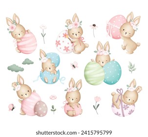 Set of Rabbit with Easter Eggs