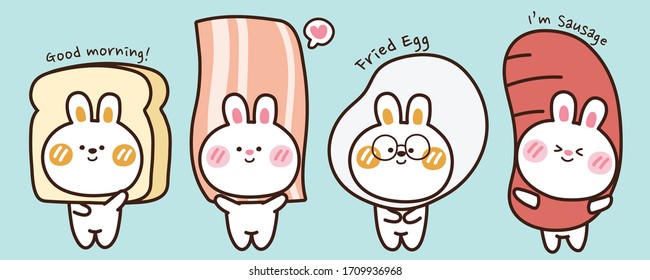 Set of rabbit with food on head background.Bread,bacon,fried egg,sausage hand drawn.Cute cartoon character design.Animal doodle.Breakfast concept.Mascot.Collection.Vector.Illustration.