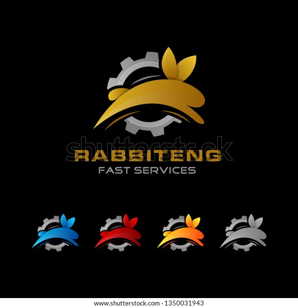 set of Rabbit and gear Logo template vector icon\
illustration design. fast moving, engine service, automotive\
concept. gold and gray\
color