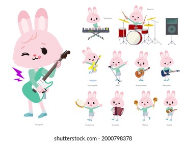 A set of rabbit girl playing rock 'n' roll and pop music.It's vector art so it's easy to edit.