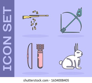 Set Rabbit, Gun shooting, Bow and arrow in quiver and Bow and fire arrow icon. Vector