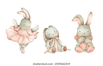 Set of rabbit. Happy Easter Bunny. Watercolor illustration. Perfect for card, postcard, tags, invitation, printing, wrapping.
