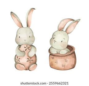 Set of rabbit. Happy Easter Bunny. Watercolor illustration. Perfect for card, postcard, tags, invitation, printing, wrapping.