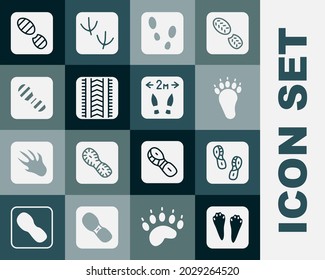 Set Rabbit and hare paw footprint, Human footprints shoes, Bear, Tire track,  and Safe distance icon. Vector