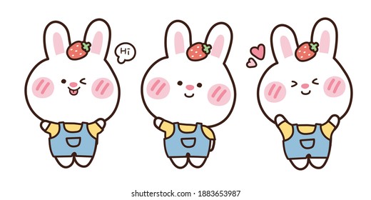 Set of rabbit have strawberry on head cartoon.Bunny hand drawn banner.Cute character design.Animal doodle.Kid graphic.Mascot.Kawaii.Vector.illustration.