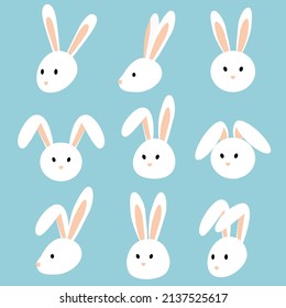 Set of rabbit head. White bunny collection. Flat design.